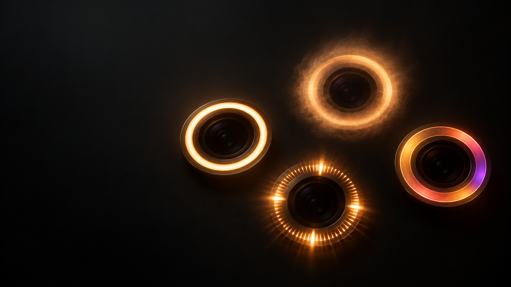 Four camera cutouts, each lit with a different ring style: a steady ring, a soft glow, a radiating pulse, and a warm-to-magenta colour sweep.