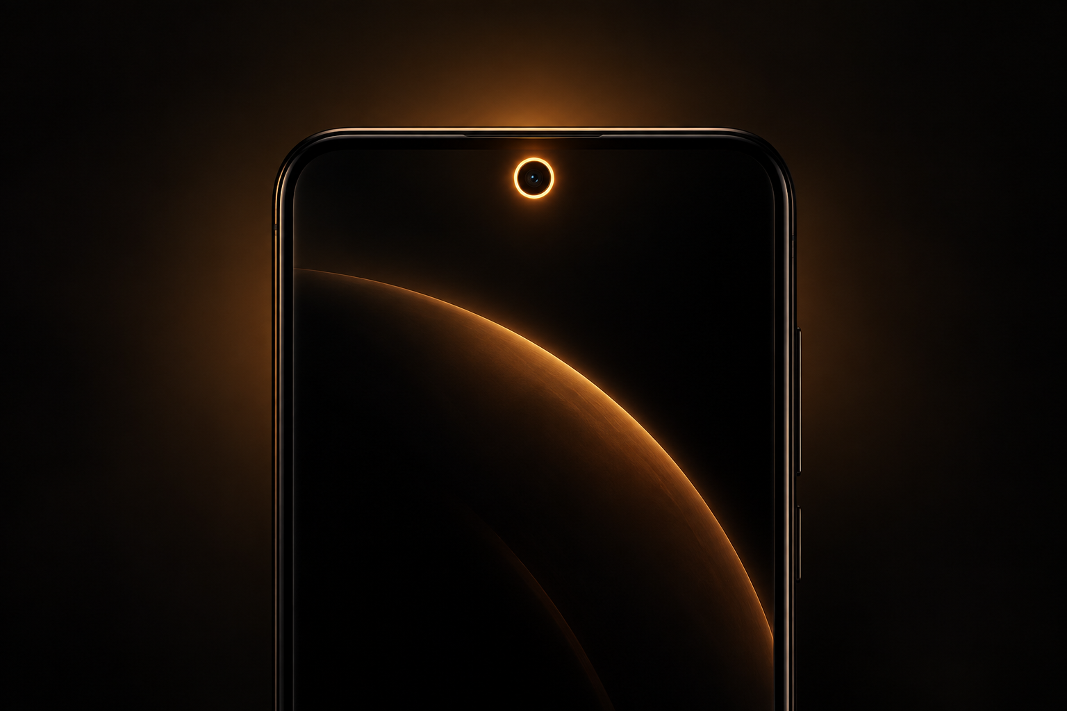 Close-up of the top of an Android phone in the dark, with a warm amber ring lit around the camera cutout.