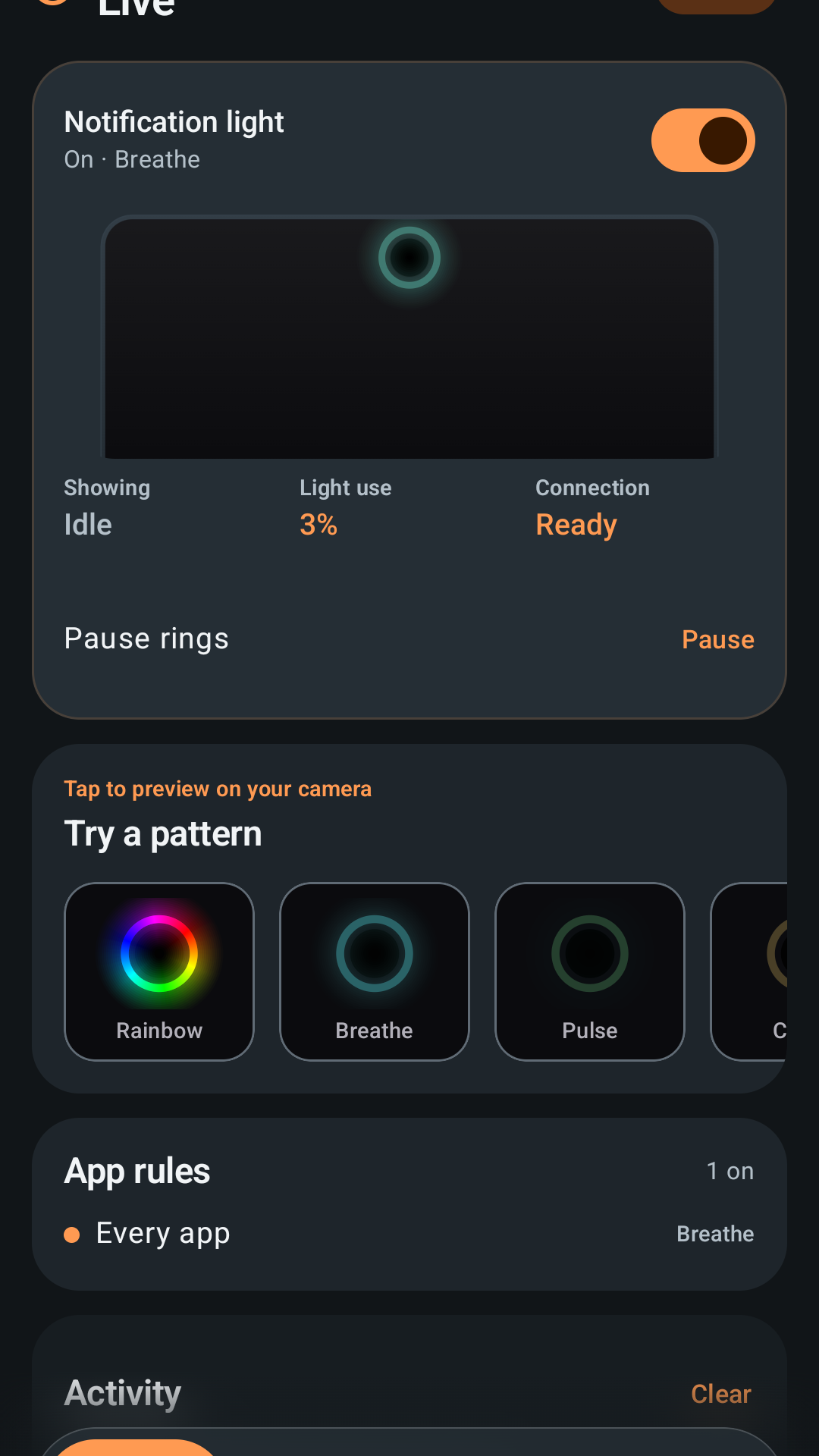 Notch Light Live screen showing the notification light toggle, pattern previews, and app rules.