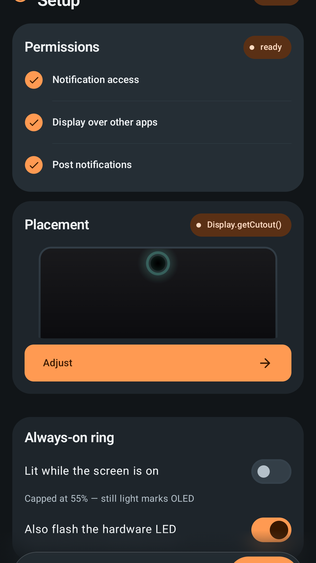 Notch Light Setup screen showing permission checks, a cutout placement preview, and always-on ring options.