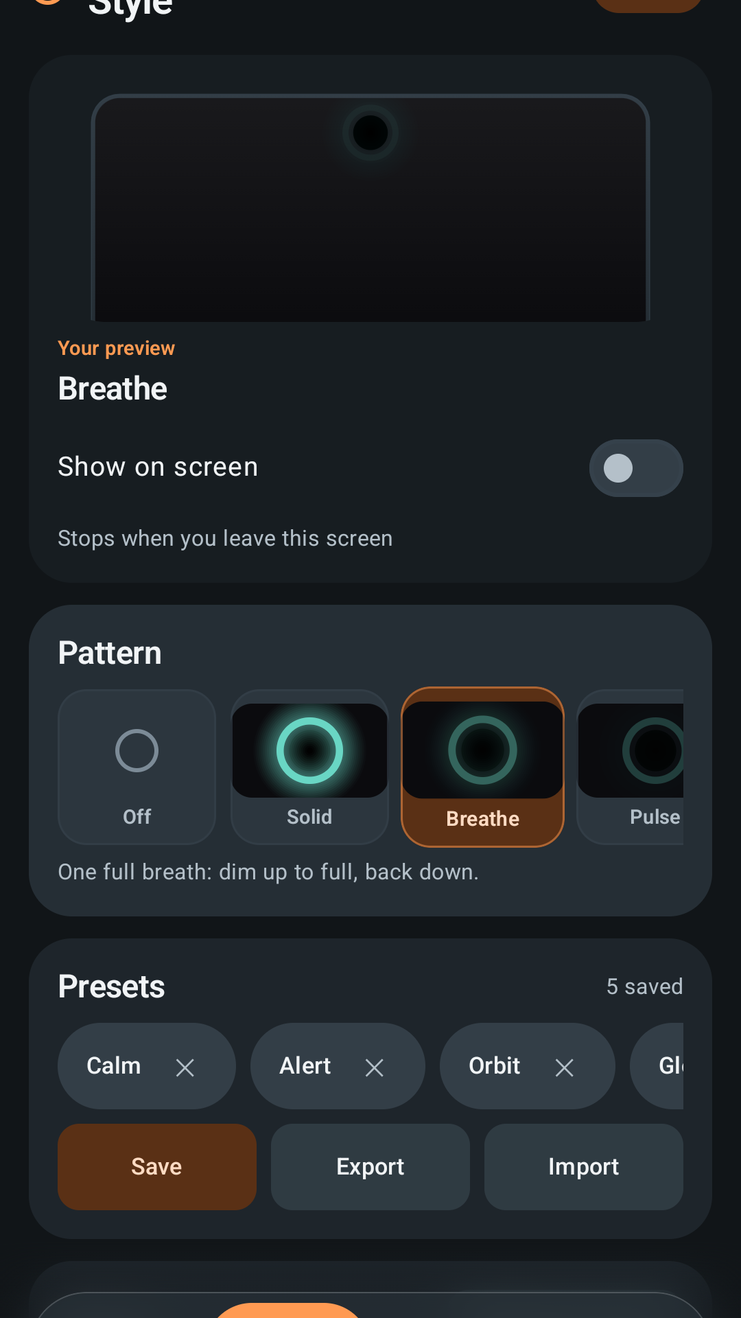 Notch Light Style screen showing a ring preview, pattern choices, and saved presets.